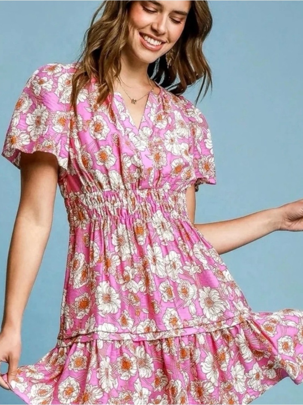Umgee Pink Floral Smocked Waist Dress Size Small